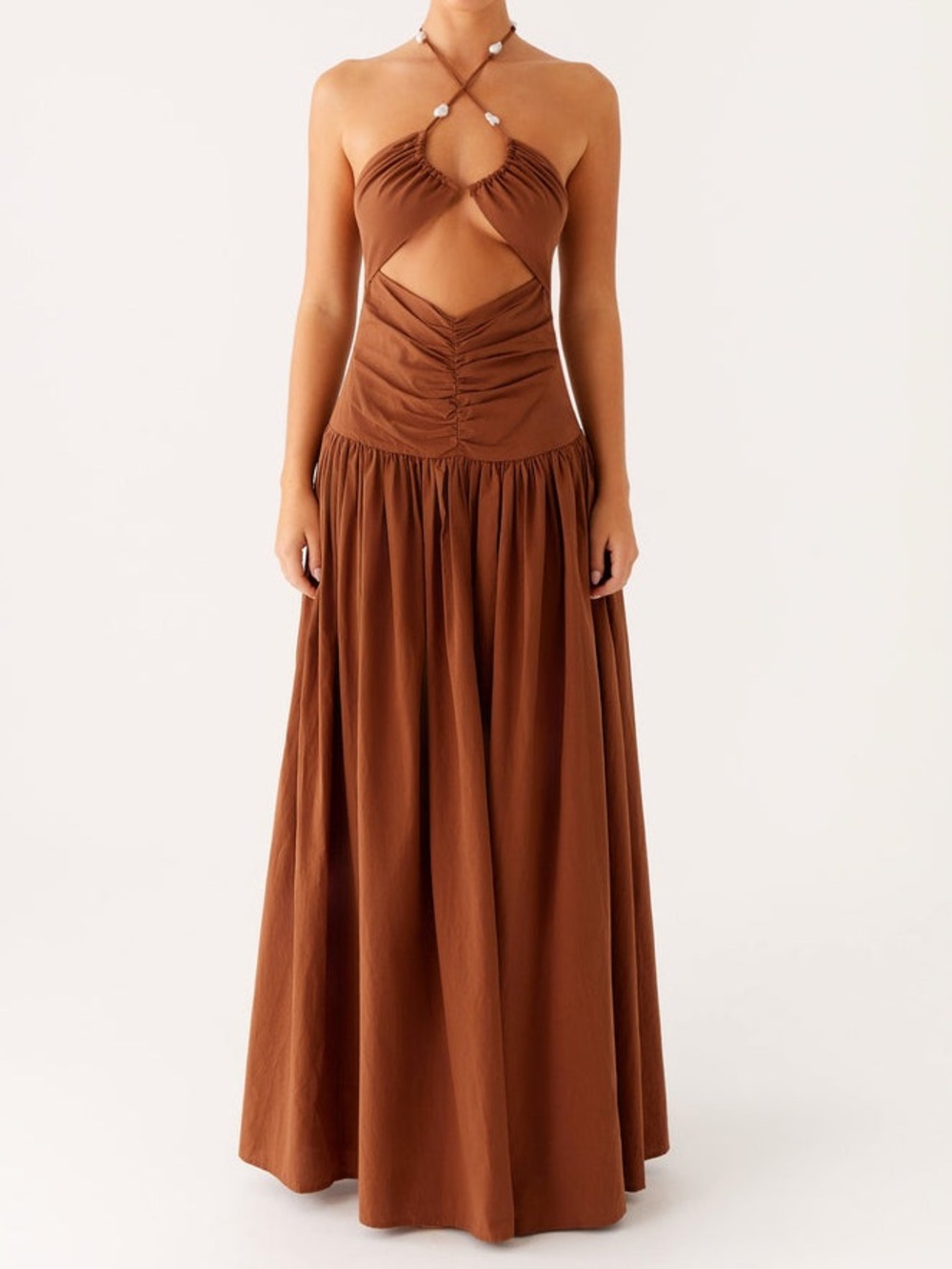 Peppermayo Brown Backless Halter Maxi Dress